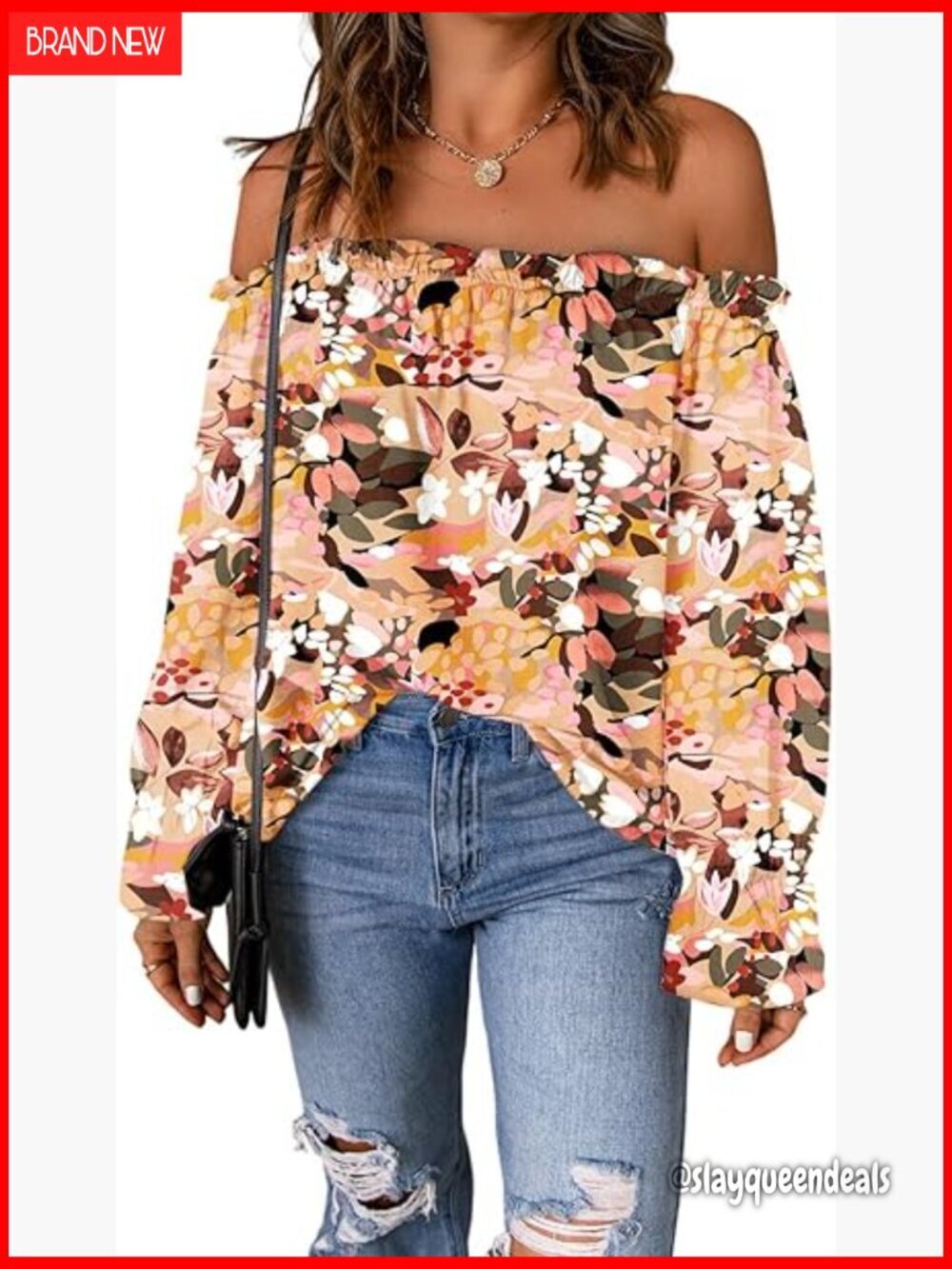 Off Shoulder Ruffle Blouse Long Sleeve Chiffon Loose Fit Casual Top